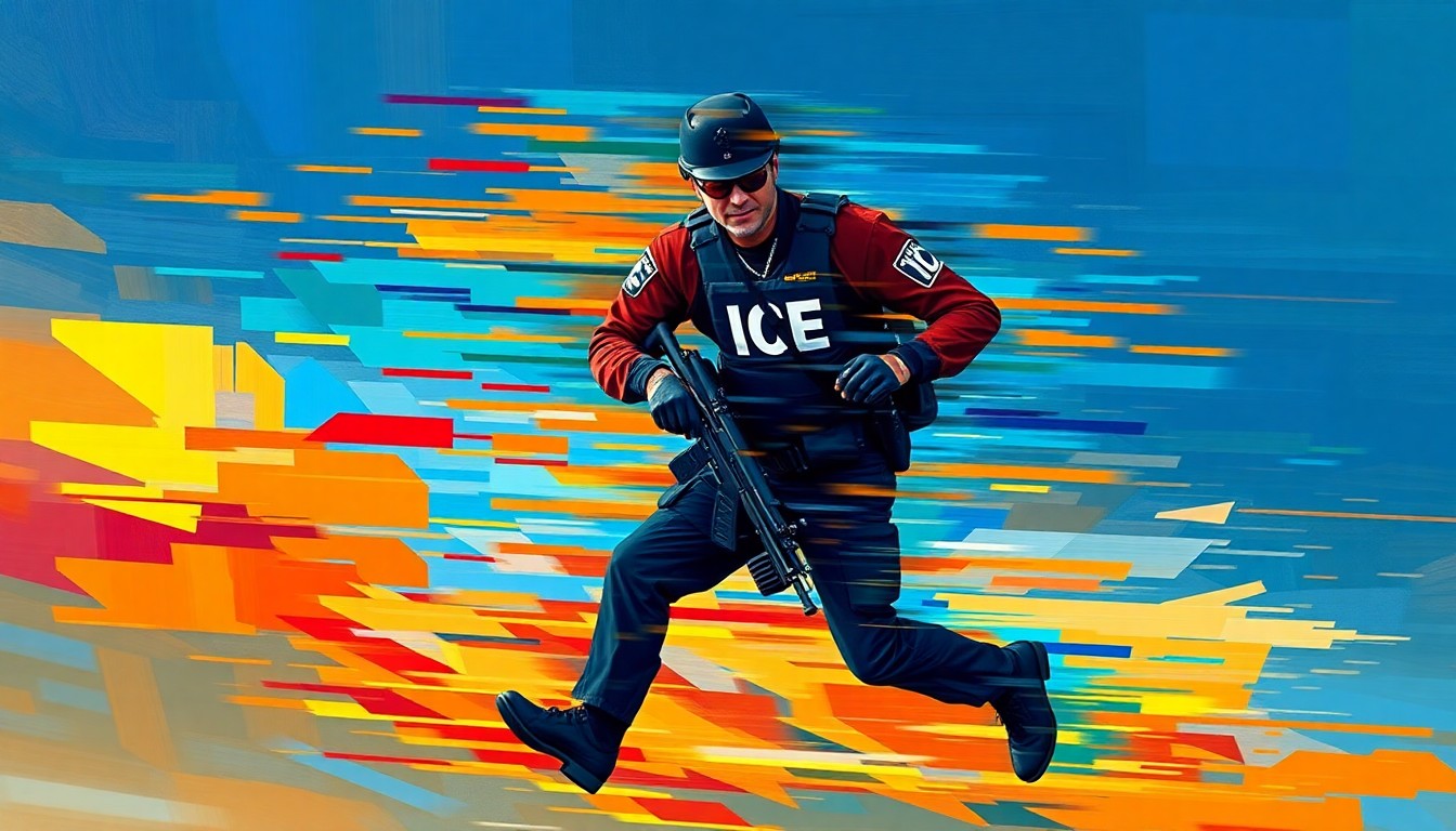 A fractured, abstract painting depicting an ICE agent in motion, their uniform and equipment repeated in overlapping, geometric shapes and waves of color, conveying a sense of speed and power.
