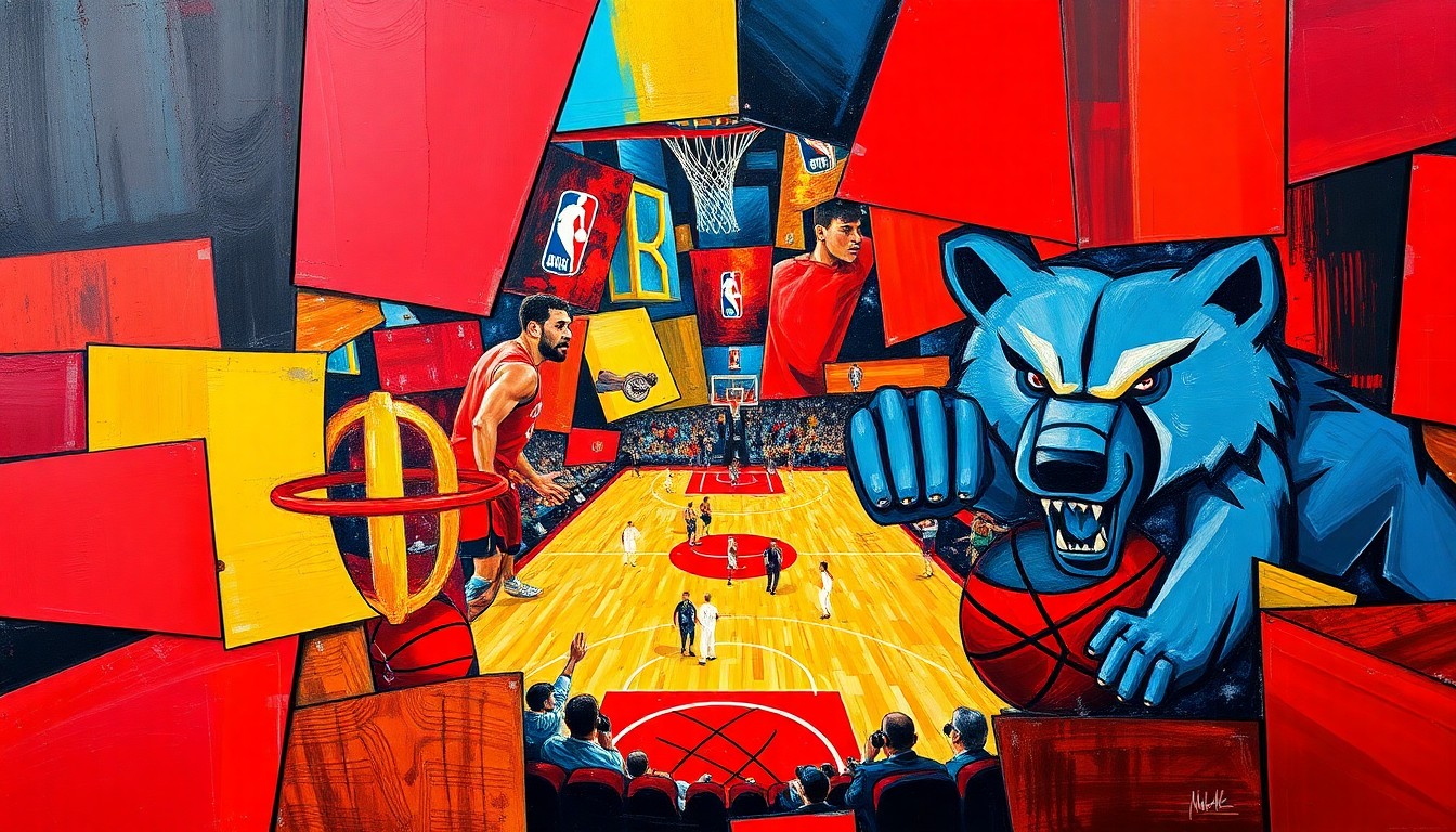 A cubist-style painting depicting a basketball game between the Houston Rockets and Memphis Grizzlies, with the players and court broken down into sharp, overlapping geometric shapes and planes in vibrant colors.