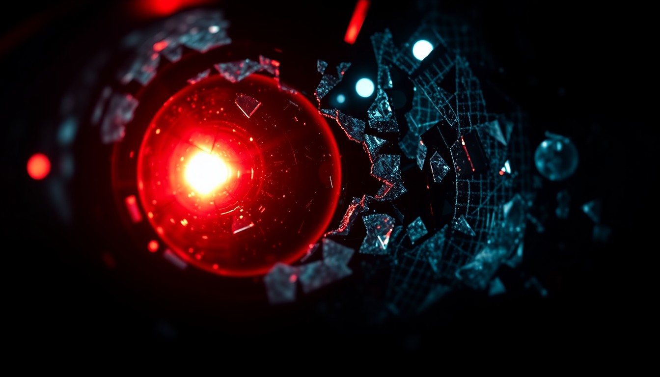 An extreme close-up of a shattered car sensor lens reflecting a faint red light, conceptually representing the aftermath of a high-speed pursuit and crash.