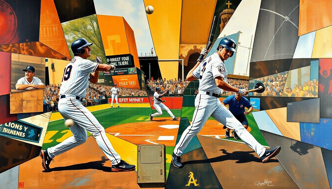 A cubist painting depicting fragmented, overlapping geometric shapes and planes in a variety of colors, representing the diverse careers and legacies of several legendary baseball players.