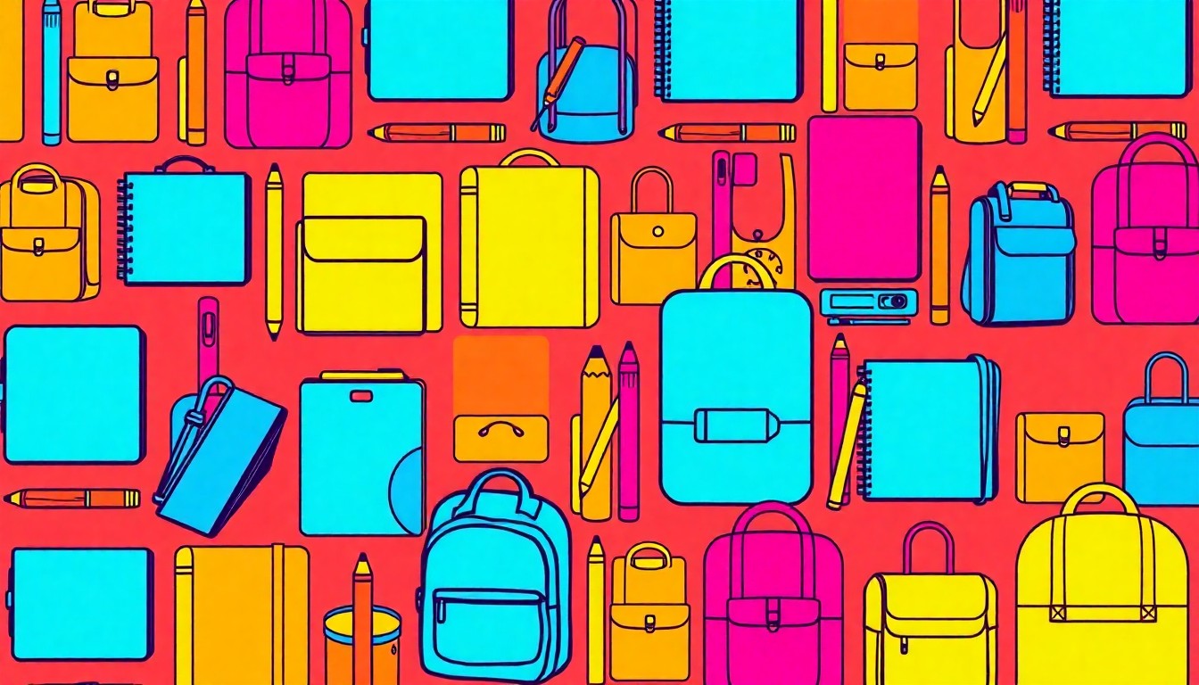 A brightly colored, high-contrast silkscreen print of a single, iconic school supply object repeated in a tight grid pattern, conceptually representing the scale and resources of Illinois school districts.