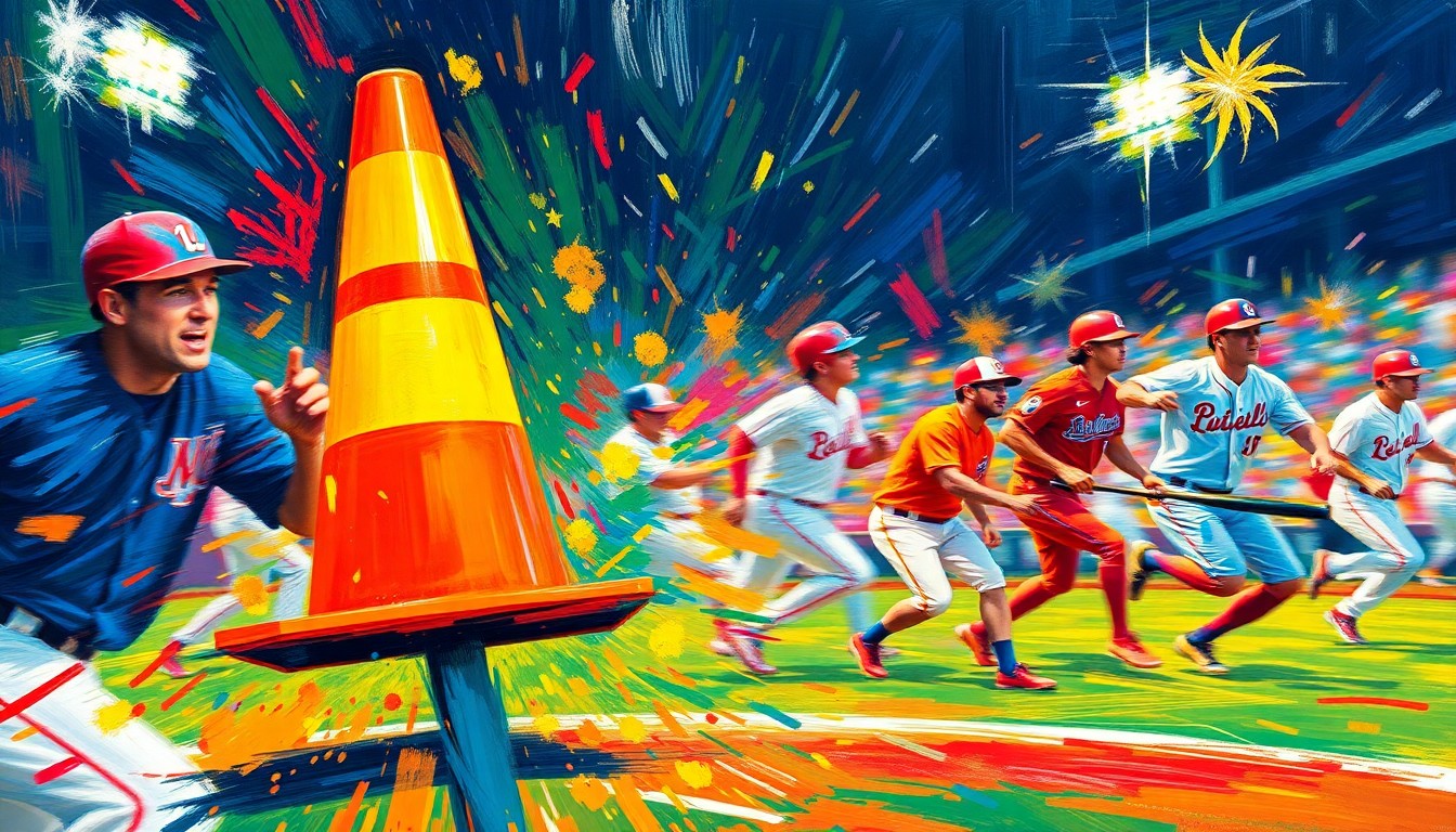 An abstract, expressionist painting in vibrant neon colors, featuring a central traffic cone surrounded by blurred, dynamic figures of baseball players in motion, capturing the raw energy and excitement of the game.
