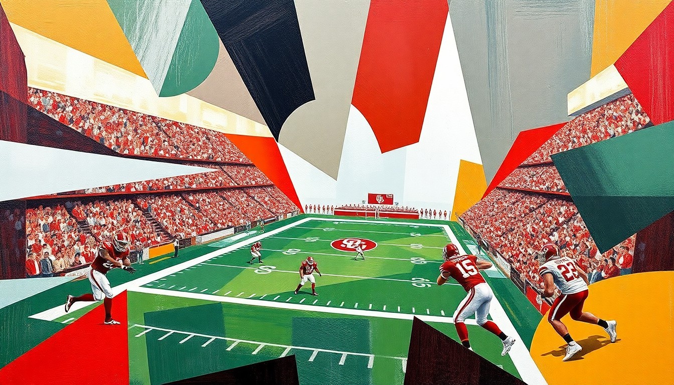 A cubist, geometric painting depicting a college football game, with the players and field represented as abstract shapes and angles in the team colors of the University of Oklahoma.