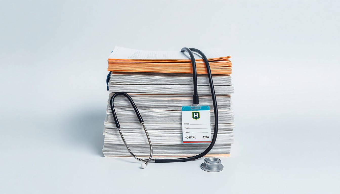 A minimalist studio still life photograph featuring a stack of medical files, a stethoscope, and a hospital ID badge arranged on a clean, monochromatic background, symbolizing the complex challenges facing the healthcare system.