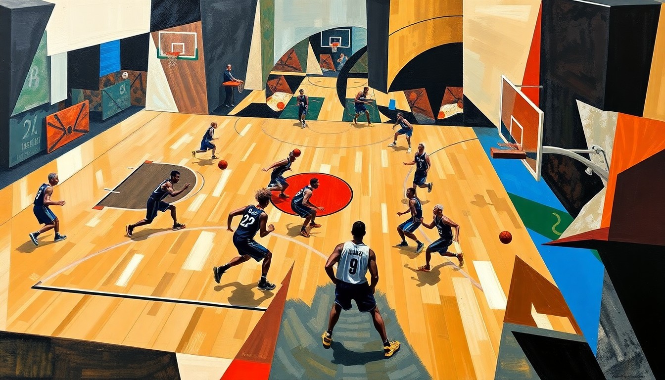 A fragmented, geometric painting depicting the dynamic action of a basketball game, with players' forms and the court's lines broken down into sharp, overlapping planes of color.
