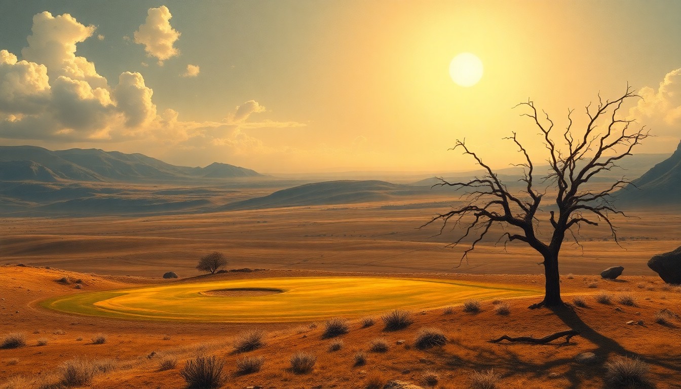 A vast, atmospheric landscape painting in muted earth tones, depicting a dry, sun-baked golf course with a lone, withered tree in the foreground, conveying the overwhelming scale and impact of the water crisis on the community.