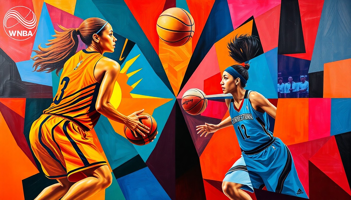 A cubist, geometric painting depicting a WNBA basketball game, with the players' forms broken down into abstract shapes and planes of vibrant colors, including the team colors of the Connecticut Sun and Phoenix Mercury.