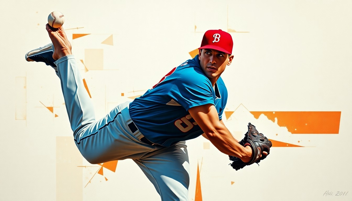 A fragmented, geometric painting depicting the motion and delivery of a baseball pitcher, with sharp, overlapping planes of color and form representing the power and potential of the player's throwing arm.