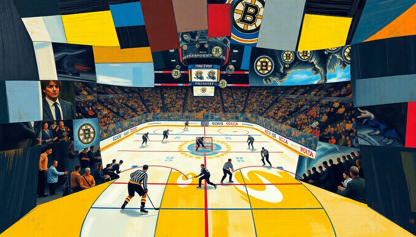 A fragmented, geometric painting depicting a hockey game between the Boston Bruins and Florida Panthers, with sharp, overlapping planes of color and form representing the chaotic energy of the match.