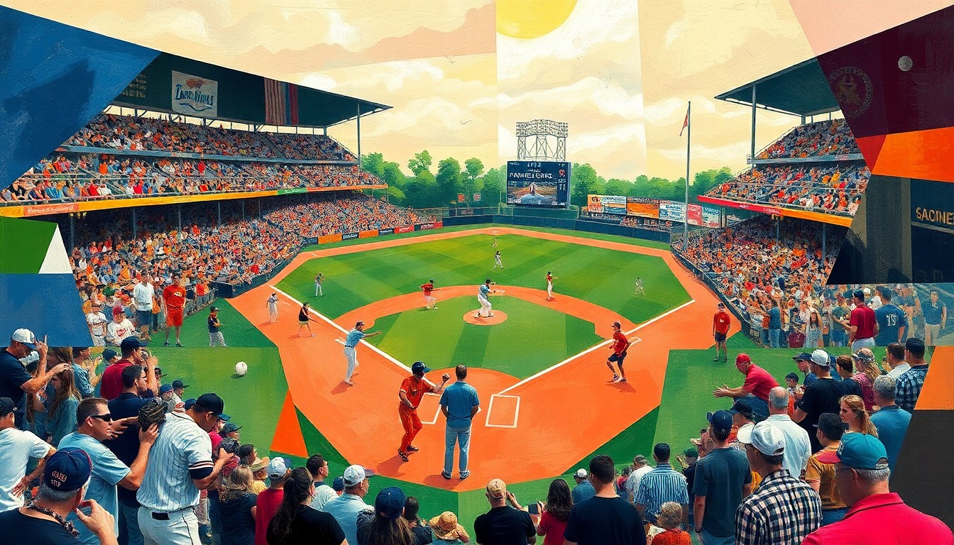 A fragmented, geometric painting in the style of Pablo Picasso, depicting a high school baseball game broken down into overlapping planes of color and shape, capturing the energy and intensity of the competition.