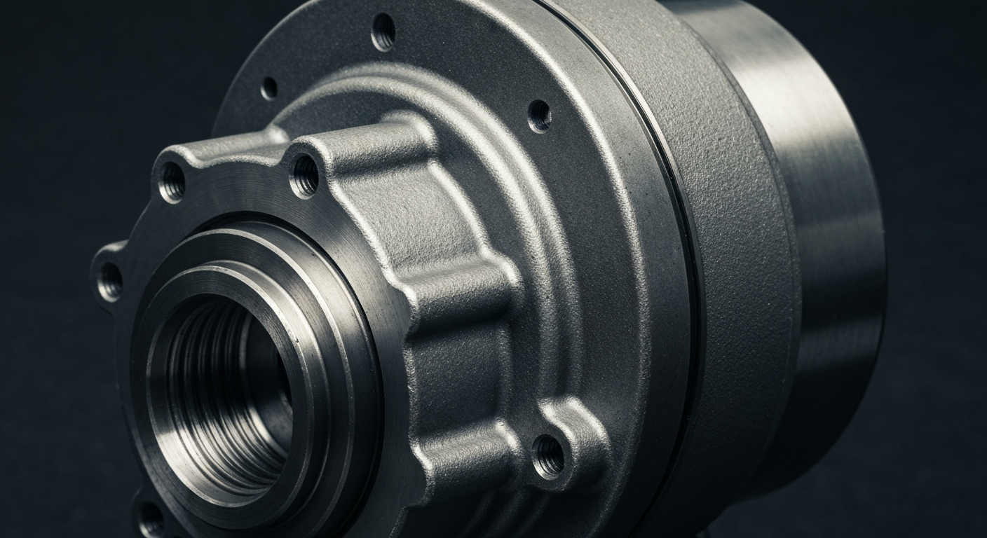 An extreme close-up of the pebbled, metallic surface of a high-pressure fuel pump, conveying the complex engineering and importance of this vital automotive component.