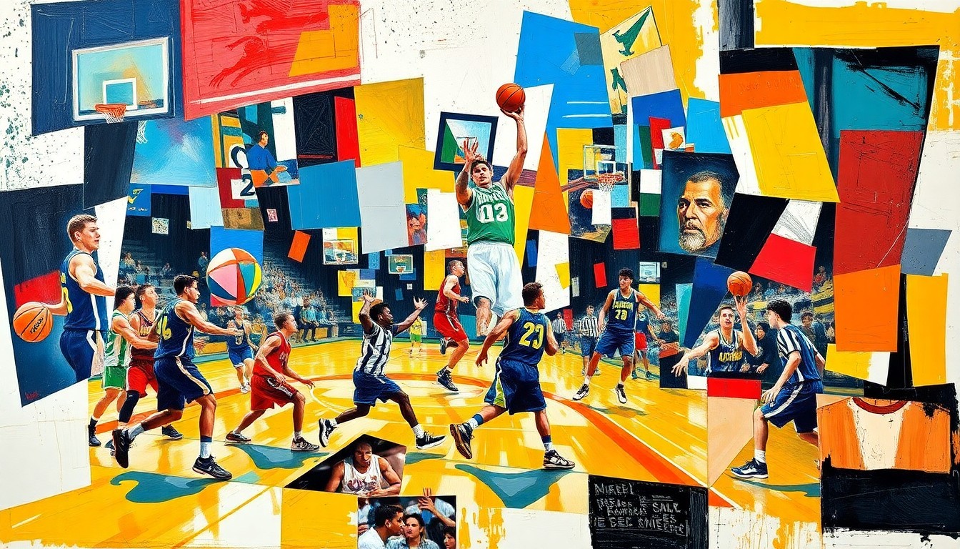 A fragmented, geometric painting in the style of Pablo Picasso, depicting the energy and movement of a high school basketball game through sharp, overlapping planes of color and form.