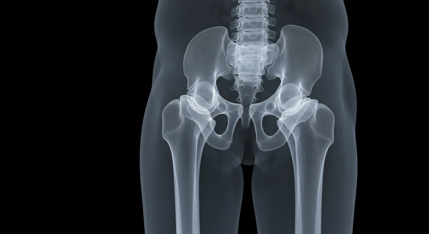 An X-ray-like image showing the intricate internal structure of a human hip joint, with glowing lines and shapes against a dark background, conceptually representing the advanced medical technology enabling new surgical procedures.