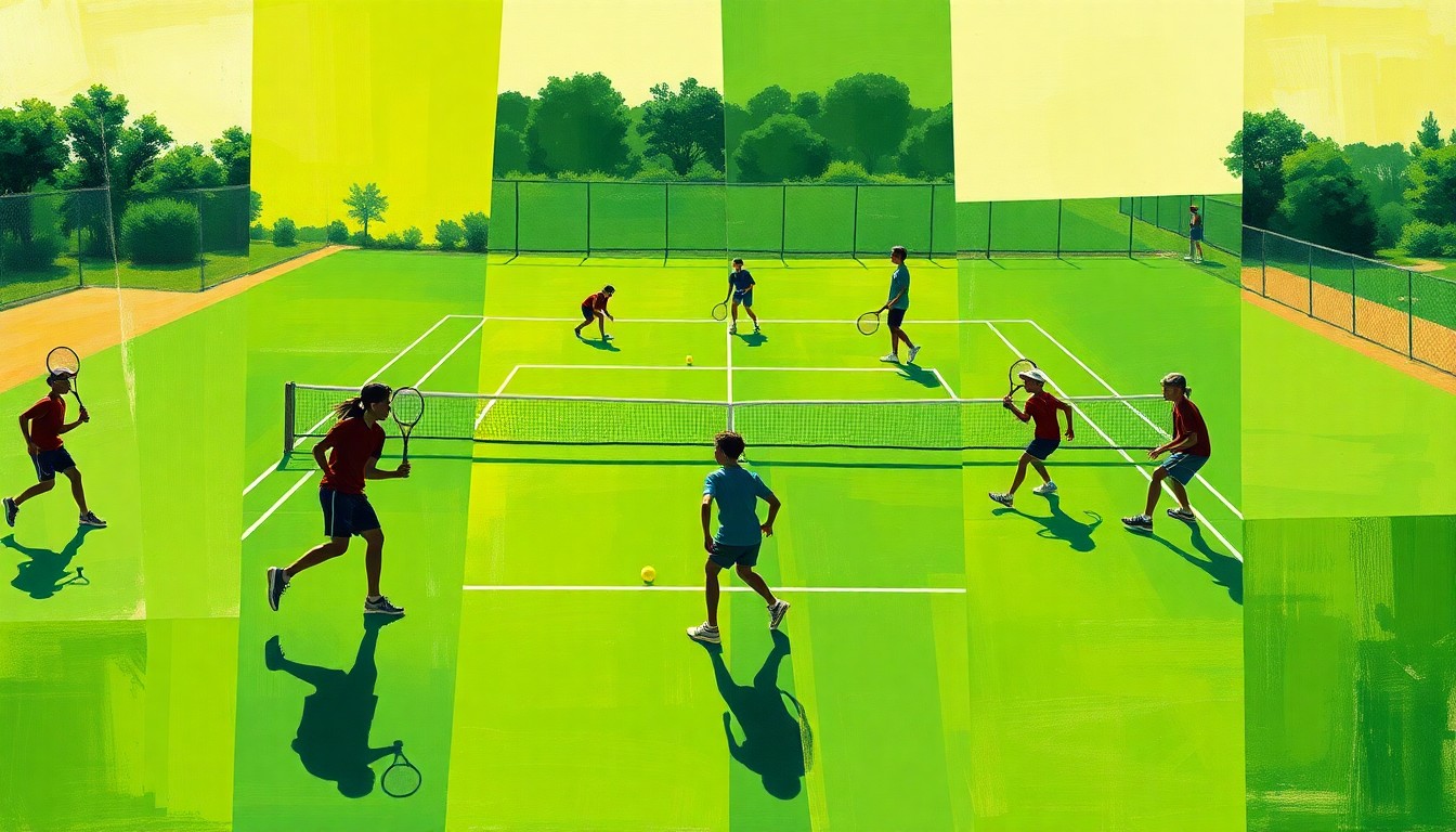 A cubist, geometric painting depicting the dynamic motion and energy of a high school tennis match, with fragmented shapes and planes of bright green, yellow, and black representing the tennis court, balls, and players.