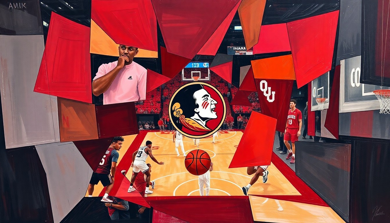 A cubist, geometric painting depicting a fragmented college basketball game, with sharp, overlapping planes of crimson, garnet, and navy blue representing the teams mentioned in the story.