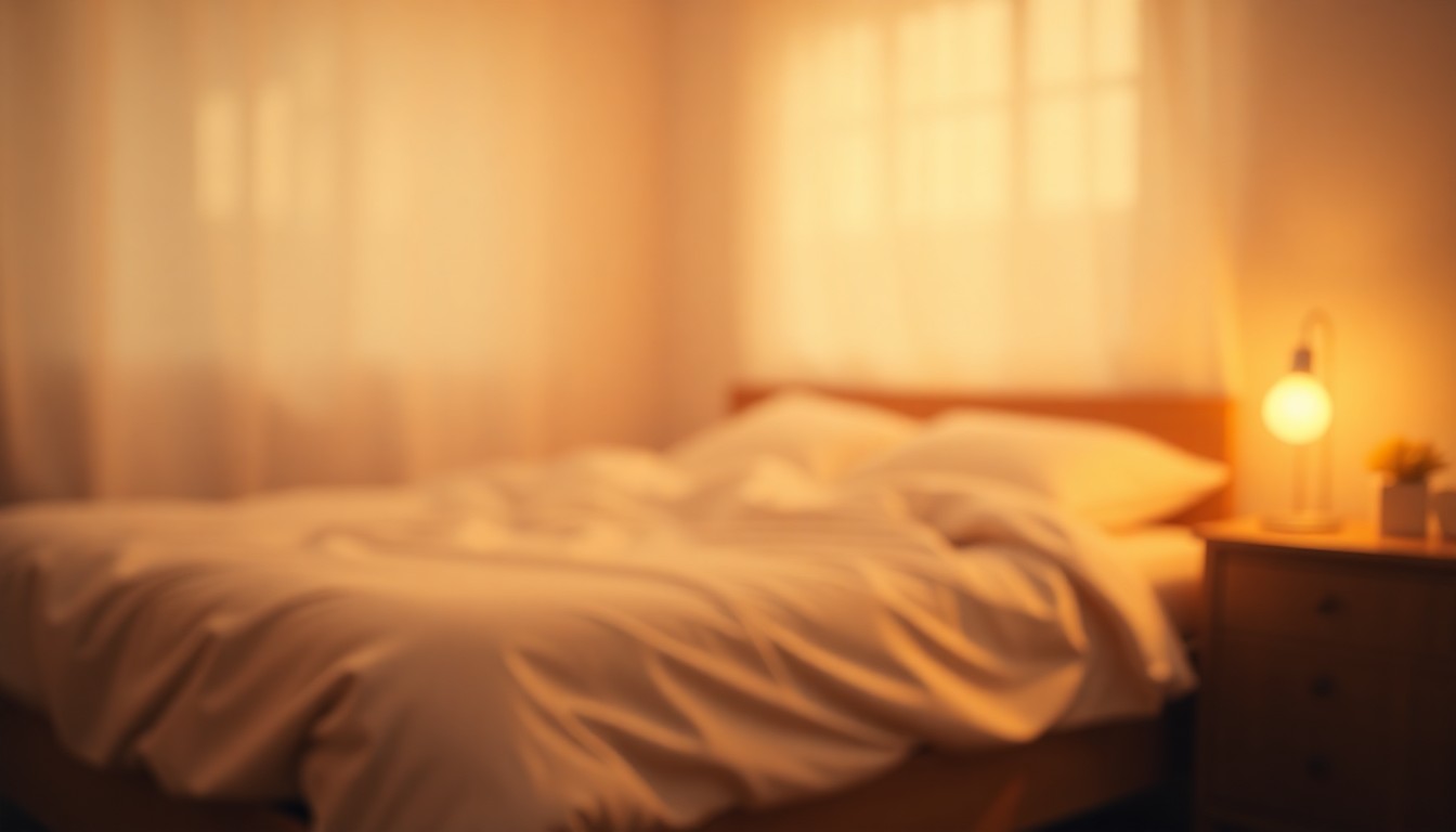 A dreamy, abstract photograph in soft, warm tones depicting the blurred outline of a bedroom scene, evoking the cozy comfort of a good night's sleep.
