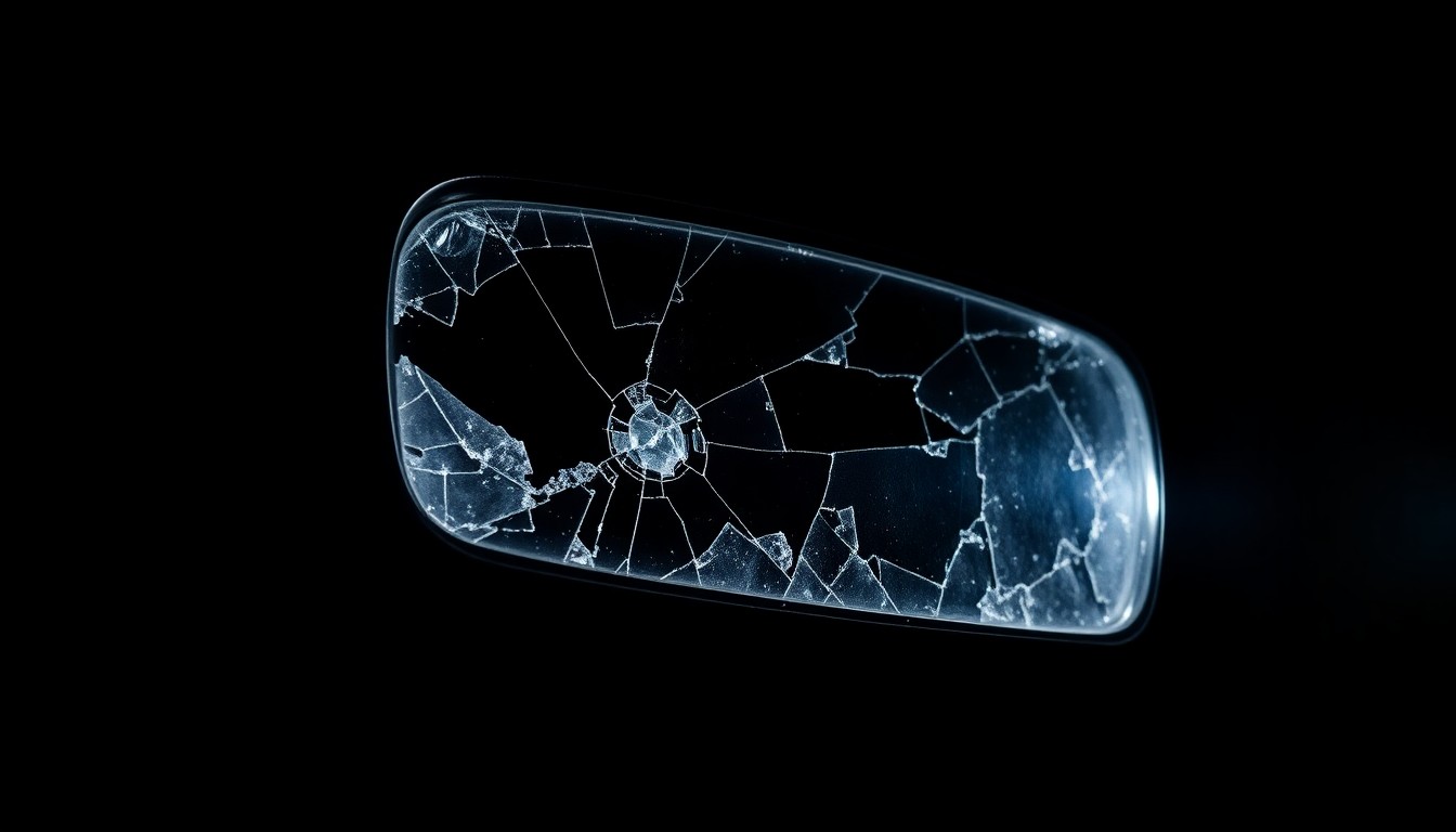 An extreme close-up of a shattered car side mirror reflecting a bright flash of light, conceptually illustrating the aftermath of a hit-and-run crash caused by an impaired driver.