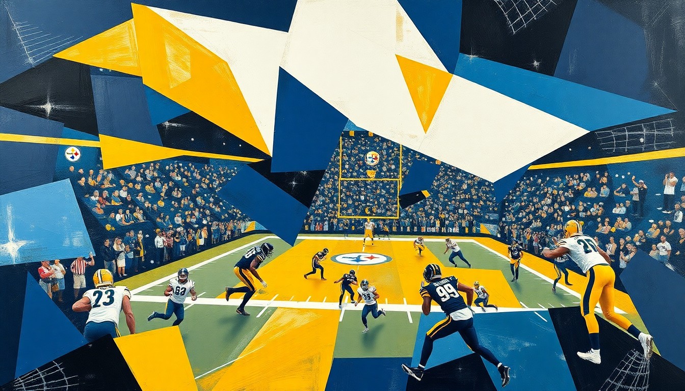 A cubist, geometric painting depicting a Steelers football game, with the players and field reduced to abstract shapes and planes of navy blue, gold, and white.