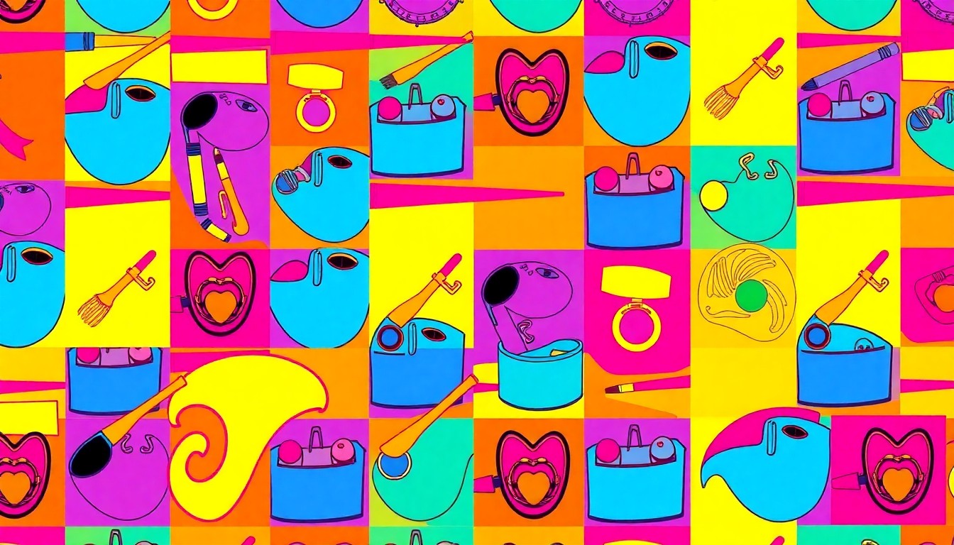 A brightly colored, high-contrast silkscreen print of a paintbrush, repeated in a tight grid pattern in vibrant neon hues with heavy black outlines, conceptually representing the artistic energy of Lewiston High School's arts festival.