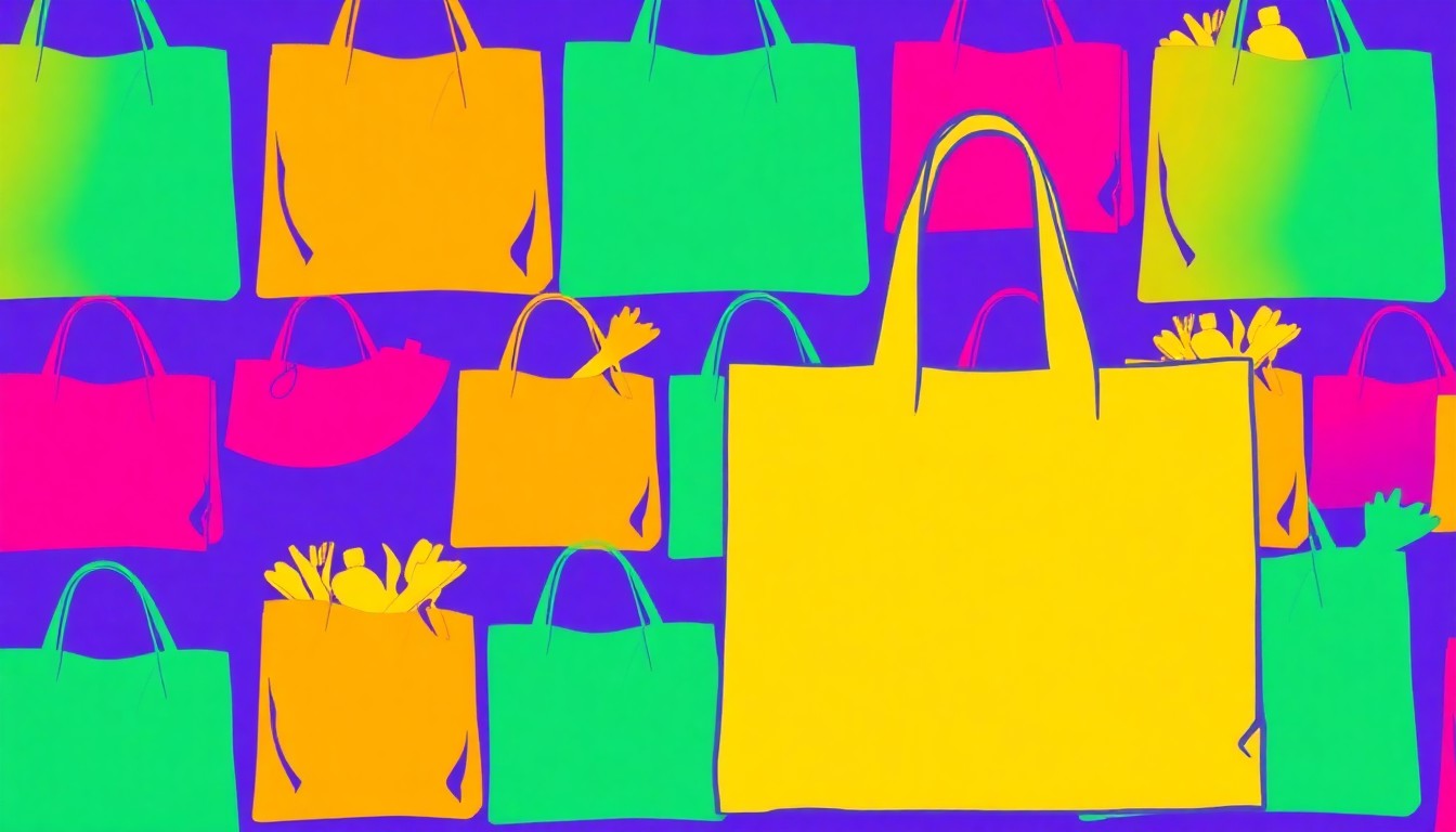 A highly stylized, pop art-inspired illustration composed of repeating geometric shapes and bold colors representing various organic produce items, conceptually capturing the celebratory energy and community spirit of a local grocery store milestone.