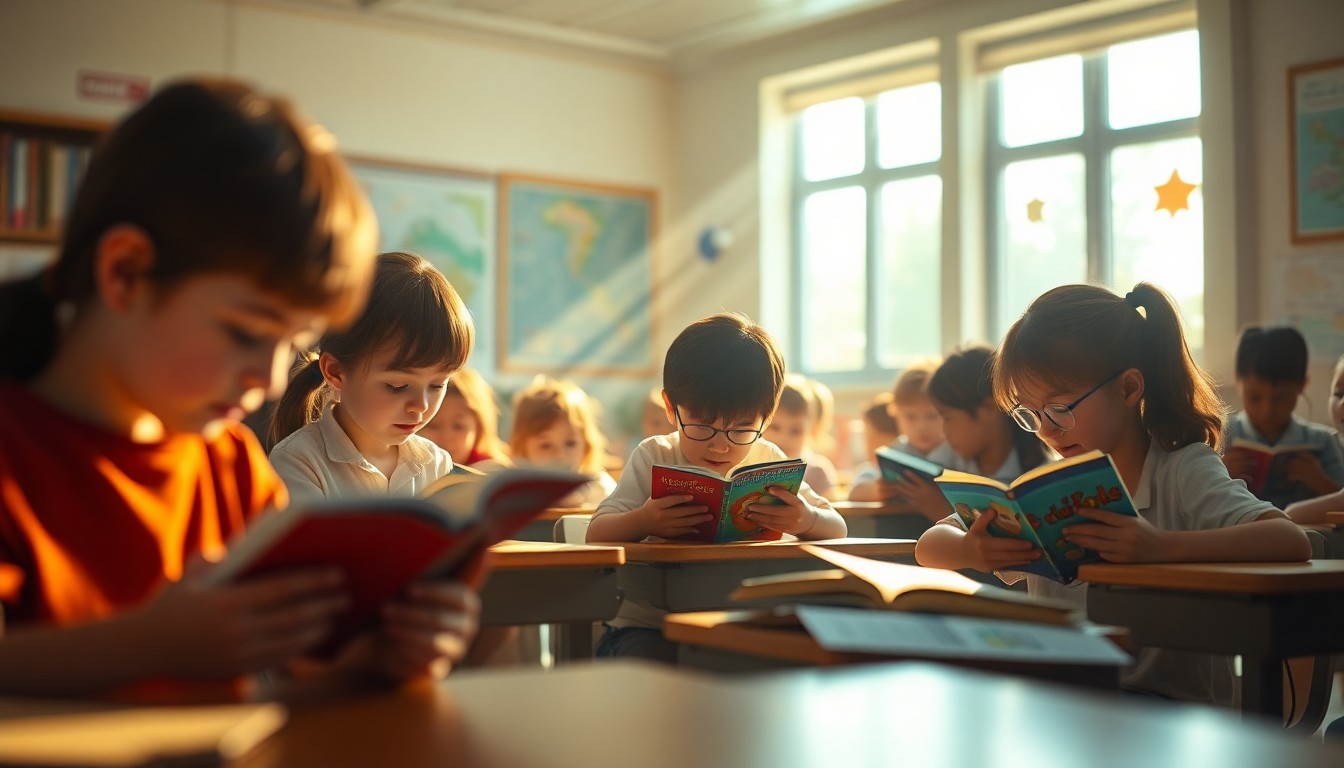 An abstract, impressionistic scene of blurred, colorful shapes and light representing the vibrant energy of an elementary school classroom focused on reading and literacy.