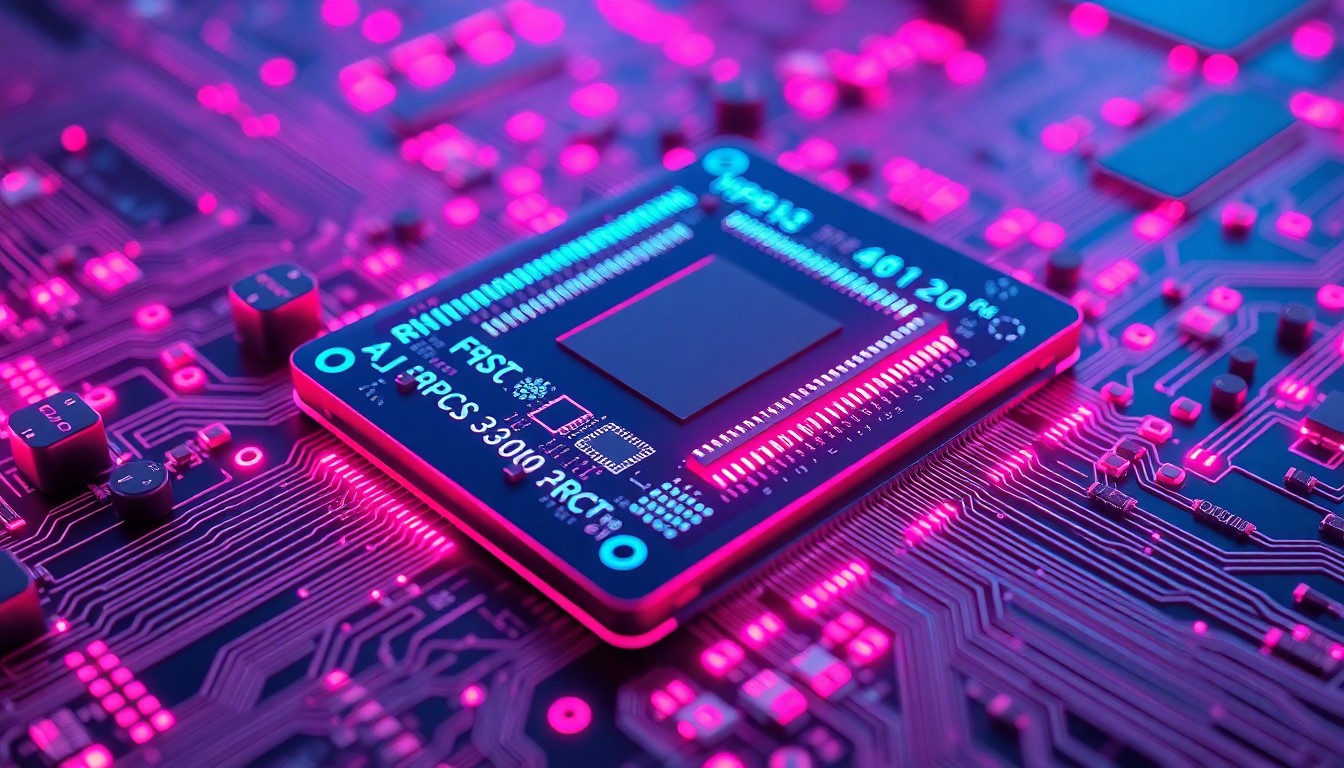 A highly detailed, glowing 3D macro illustration of the intricate circuitry and components of a field programmable gate array (FPGA) chip, illuminated by neon cyan and magenta lights, conceptually representing the pioneering semiconductor technology that enabled faster and more economical chip design.