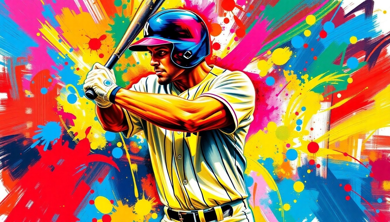 An extreme close-up of a baseball player mid-swing, with the batter's face and uniform details dissolving into vibrant, expressionist brushstrokes of neon yellow, electric blue, and fiery red, capturing the raw power and energy of the moment.