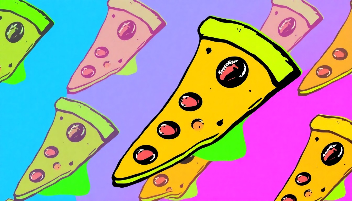 A vibrant, high-contrast silkscreen print of a single, iconic pizza slice repeated in a tight grid pattern, capturing the energy and excitement of the Munch Madness pizza tournament.