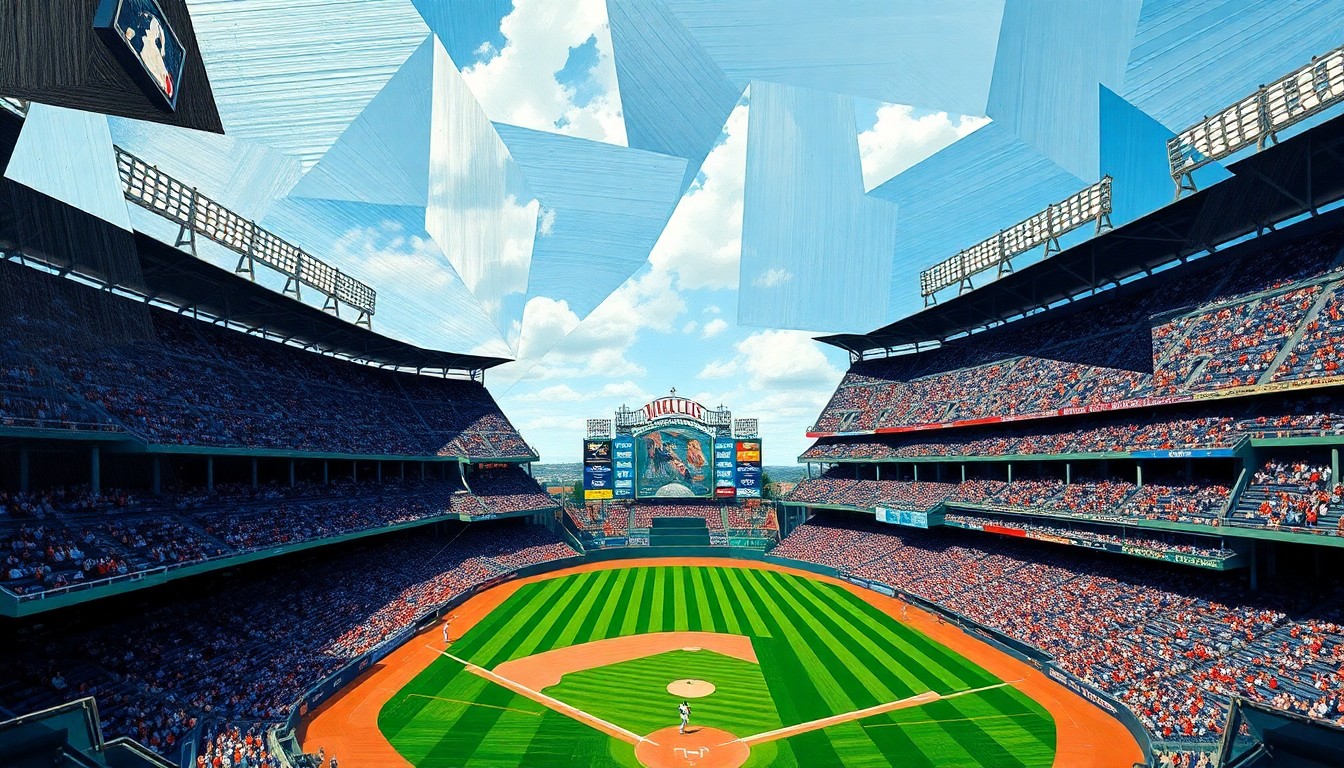 A cubist, geometric painting depicting a fragmented baseball stadium and game action, with sharp, overlapping planes of color and form that deconstruct the scene into an abstract, multi-perspective composition.