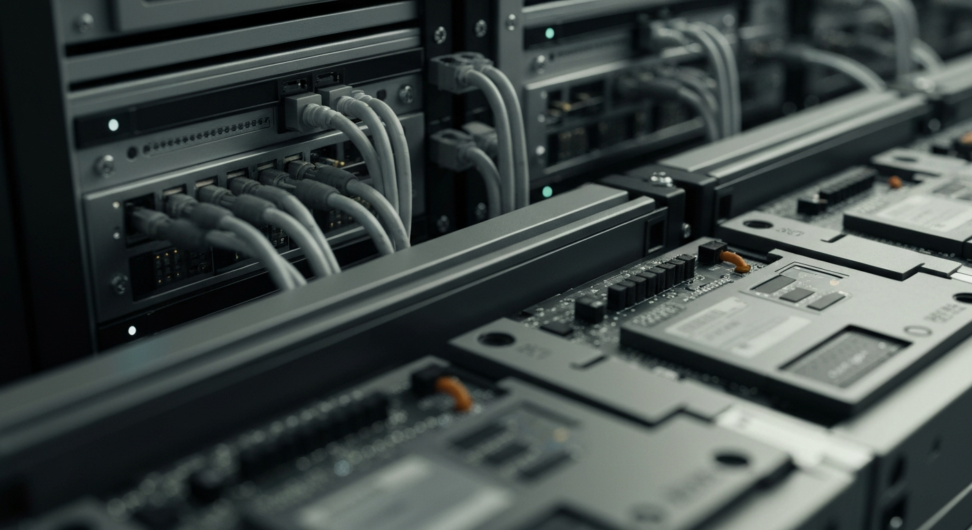 An extreme close-up of complex financial machinery and equipment, such as servers, cables, and circuit boards, in muted tones of grey, silver, and black, conceptually representing the underlying infrastructure and mechanics of the financial markets.