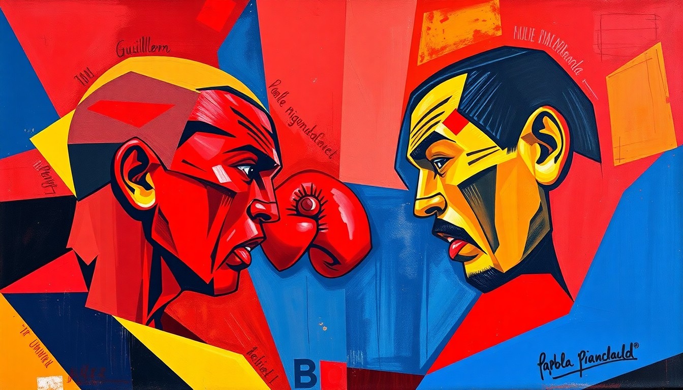 A fractured, cubist-style painting depicting the boxing match between Rigondeaux and Gamboa, with their figures broken down into sharp, overlapping geometric shapes in a vibrant color palette, capturing the energy and drama of the event.