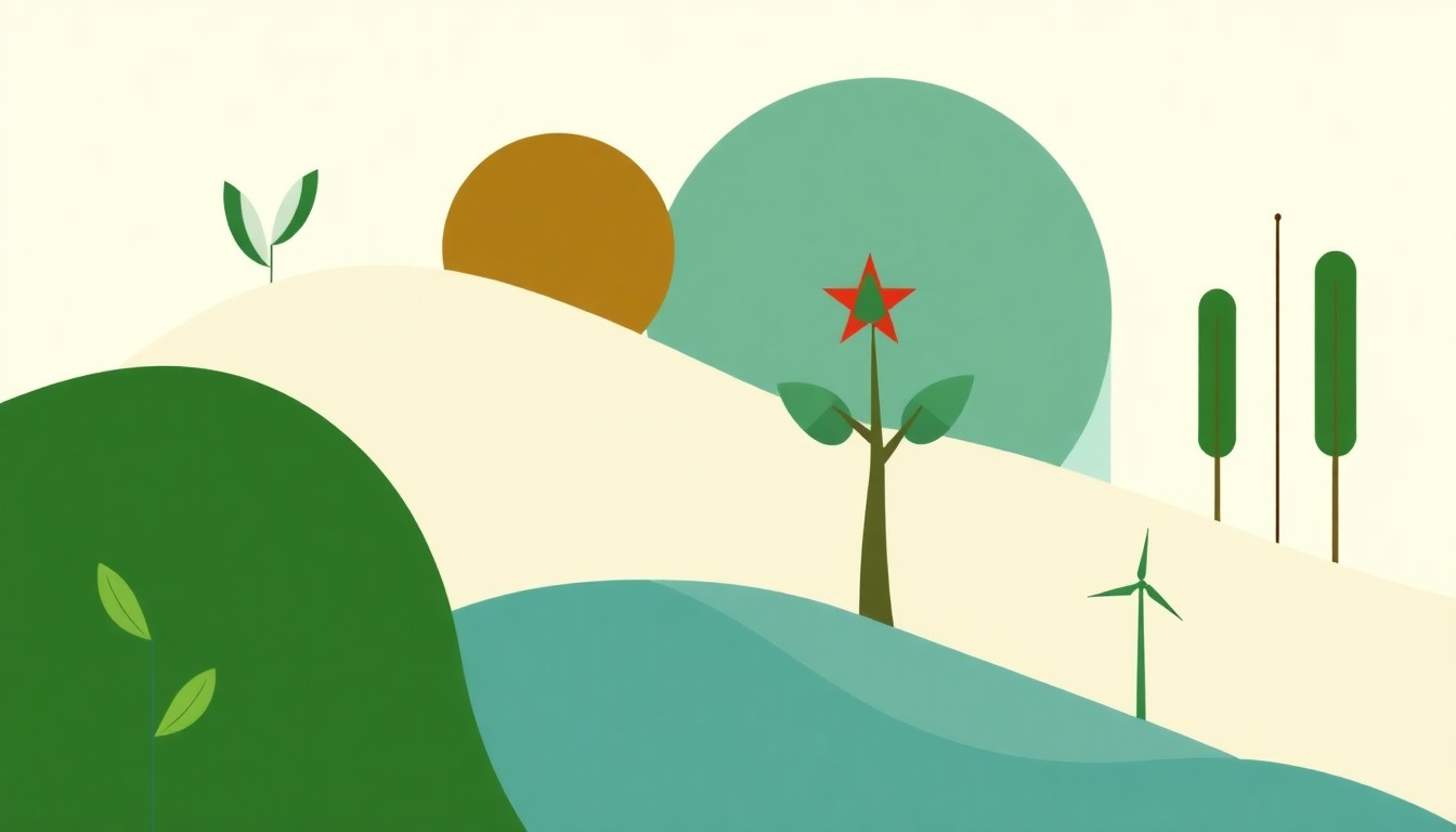 A minimalist illustration featuring overlapping triangles and rectangles in shades of green, blue, and grey, conceptually representing Morocco's efforts to expand renewable energy, improve the business environment, and create more inclusive economic opportunities.