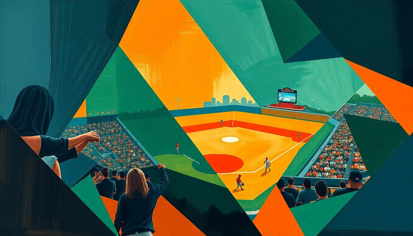 A fragmented, geometric painting depicting a high school baseball game, with sharp planes of navy, green, and orange representing the action on the field.