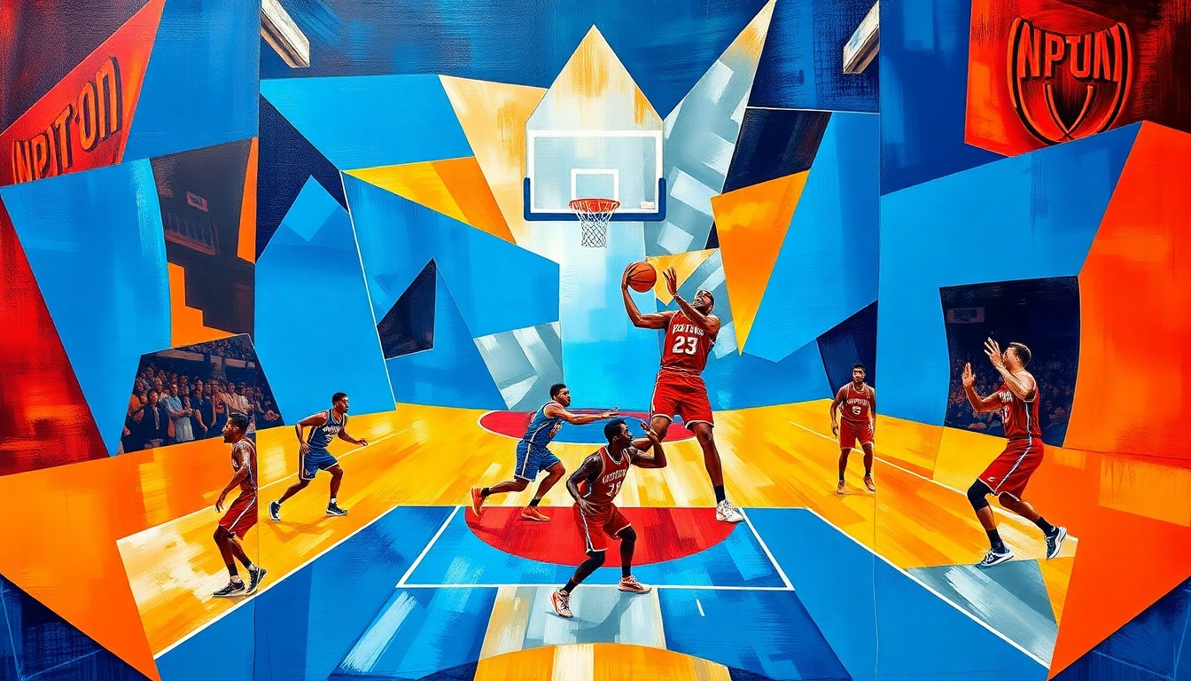 A fragmented, geometric painting depicting a Pistons basketball game, with the players' forms broken down into sharp, overlapping shapes in a vibrant color palette, capturing the team's resilience and distributed leadership in the face of adversity.
