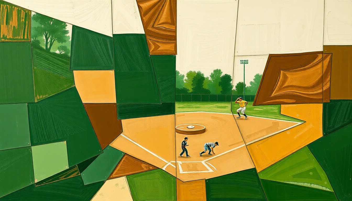 A cubist-style painting featuring overlapping geometric shapes and planes in shades of green, brown, and white, representing the dynamic movements and energy of a high school softball game.