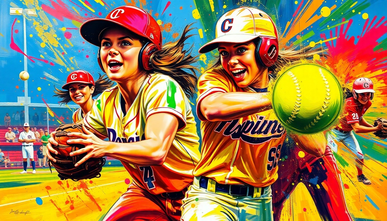 An abstract, energetic painting in neon colors depicting the dynamic movements and raw athleticism of a college softball game, with faces and logos blurred into unrecognizable shapes.