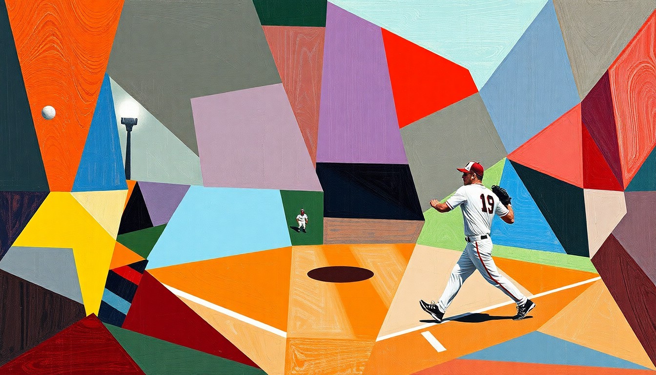 A fragmented, geometric painting in the style of Pablo Picasso, depicting a high school softball game with overlapping planes of color representing the players, field, and action, conveying the one-sided nature of the contest.
