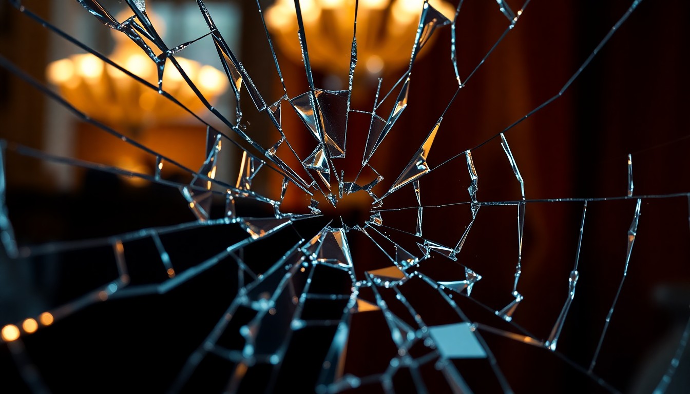 An extreme close-up of a shattered mirror or glass surface, reflecting distorted glimpses of the surrounding environment through a web of cracks and fractures. The dramatic lighting creates a sense of glamour and luxury, but the damaged surface symbolizes the tarnished reputation of American institutions.