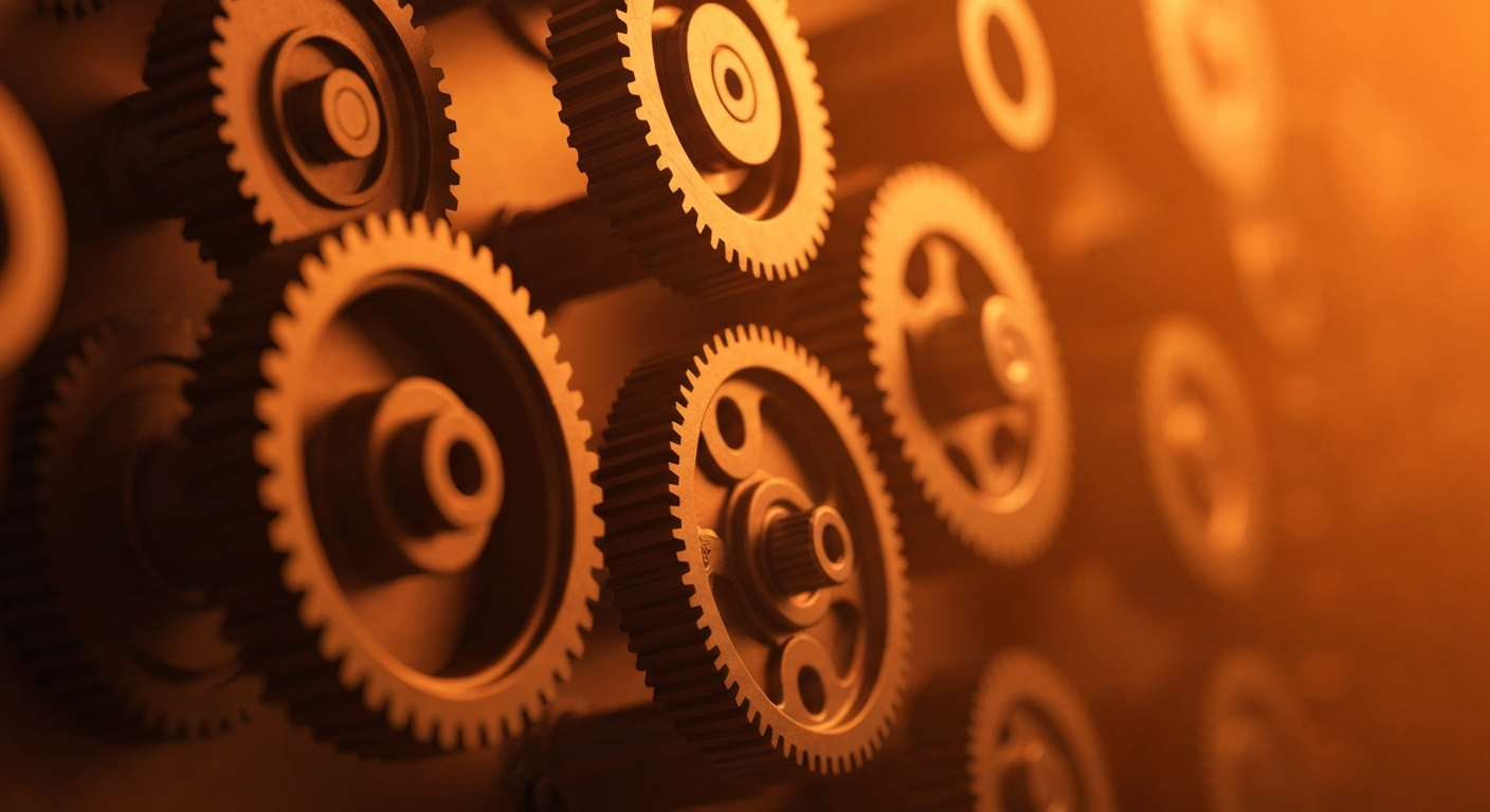 An extreme close-up of a complex array of shiny, interlocking metal gears and machinery, representing the financial infrastructure and institutional investment supporting the semiconductor industry.