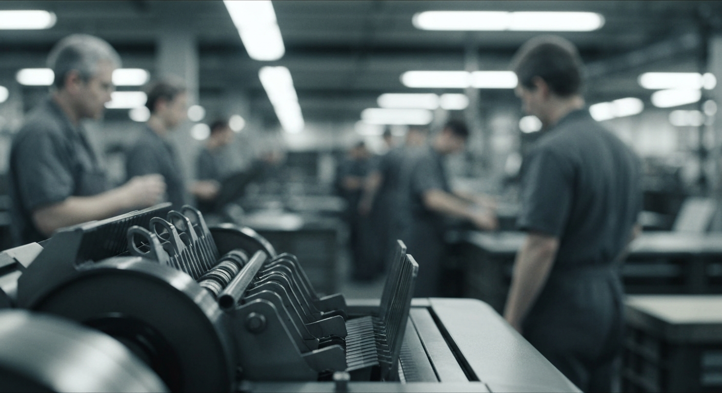 An extreme close-up of industrial banking equipment and machinery, conveying the tangible, physical nature of financial institutions and their investments.