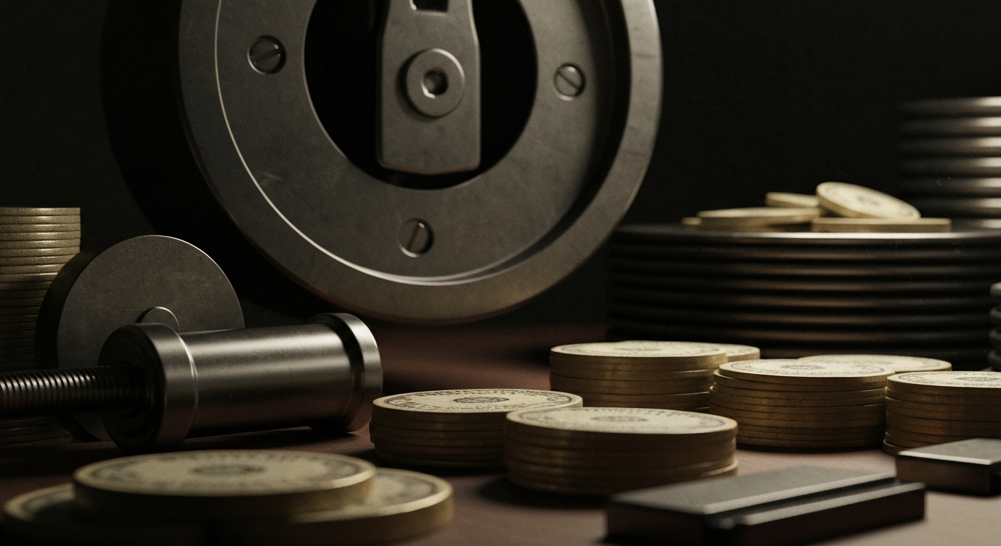 An extreme close-up of intricate, metallic banking machinery and equipment, conveying a sense of financial security and institutional power without depicting any literal currency or symbols.