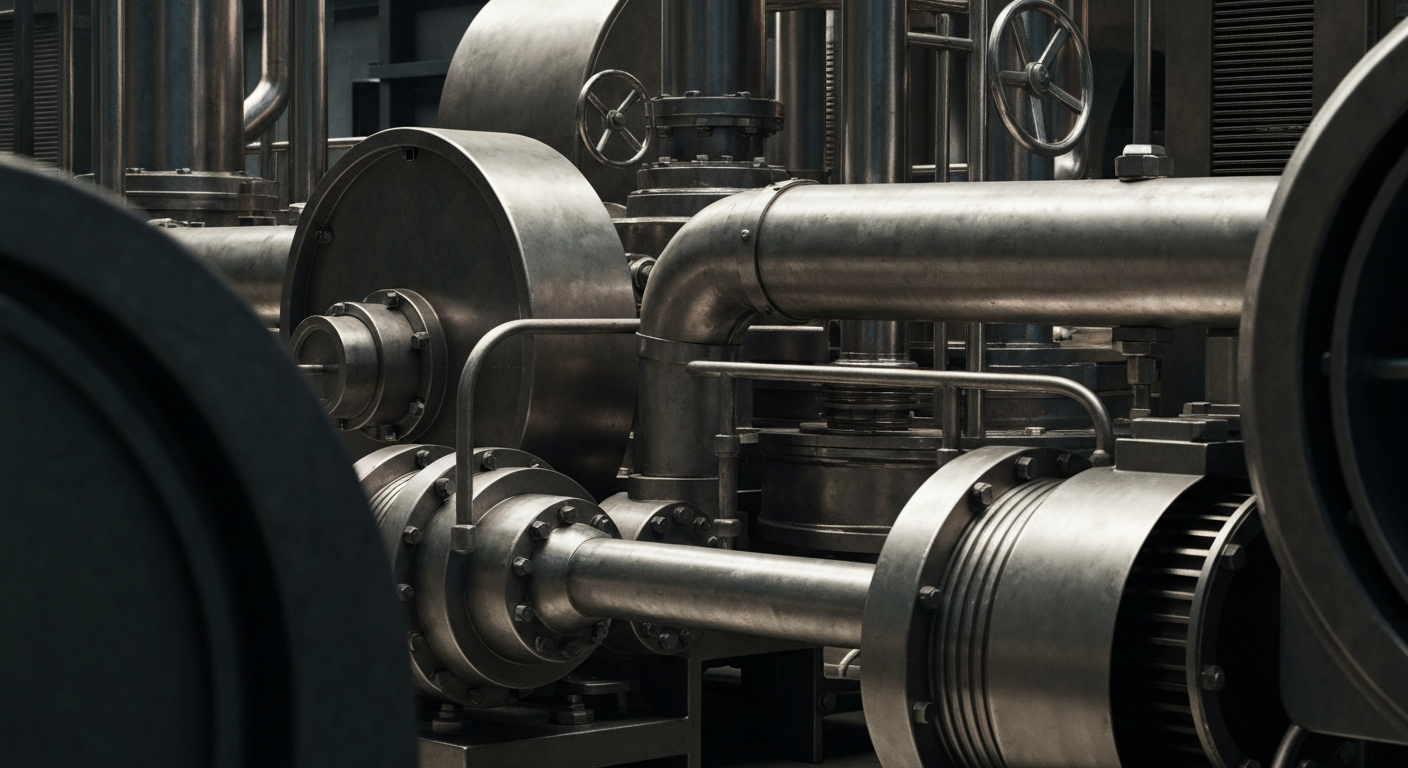 An extreme close-up of gleaming, intricate industrial machinery and equipment, conveying the physical and financial strength of a major energy exploration and production firm.