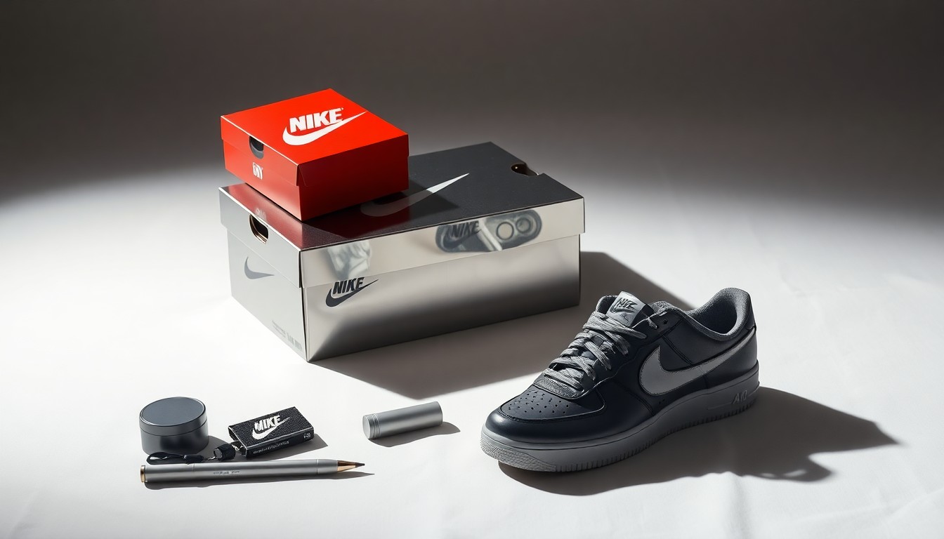 A high-end, photorealistic studio still-life photograph featuring a polished metal NIKE shoe box, a pair of NIKE sneakers, and other premium corporate objects arranged elegantly on a clean, white background, using dramatic lighting and shadows to conceptually represent NIKE's corporate strategy and market performance.