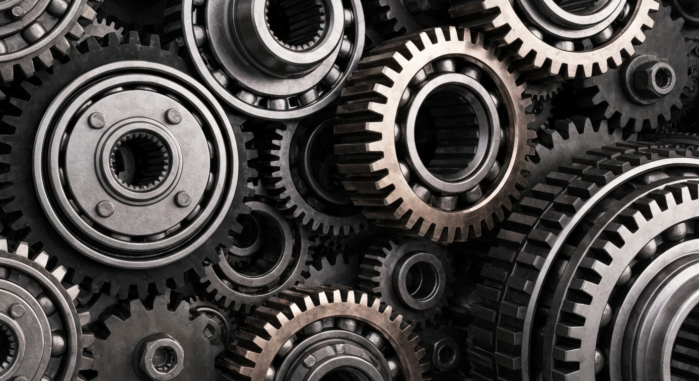 An extreme close-up of complex, interlocking metal gears and bearings in shades of grey, bronze, and black, conveying the industrial strength and financial security of a major technology company.