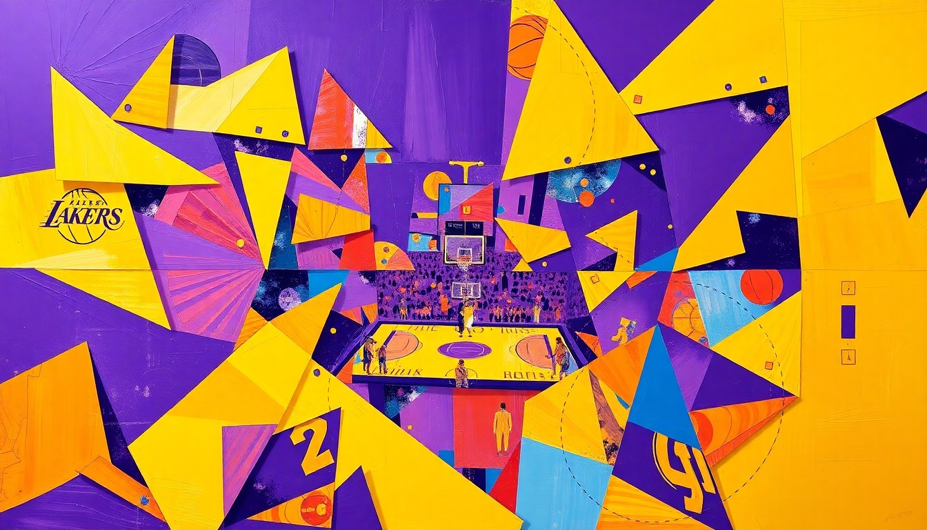 A cubist-style painting depicting a fragmented, multi-angled view of a basketball game, with sharp geometric shapes in the Lakers' purple and gold colors overlapping to create a dynamic, energetic composition.