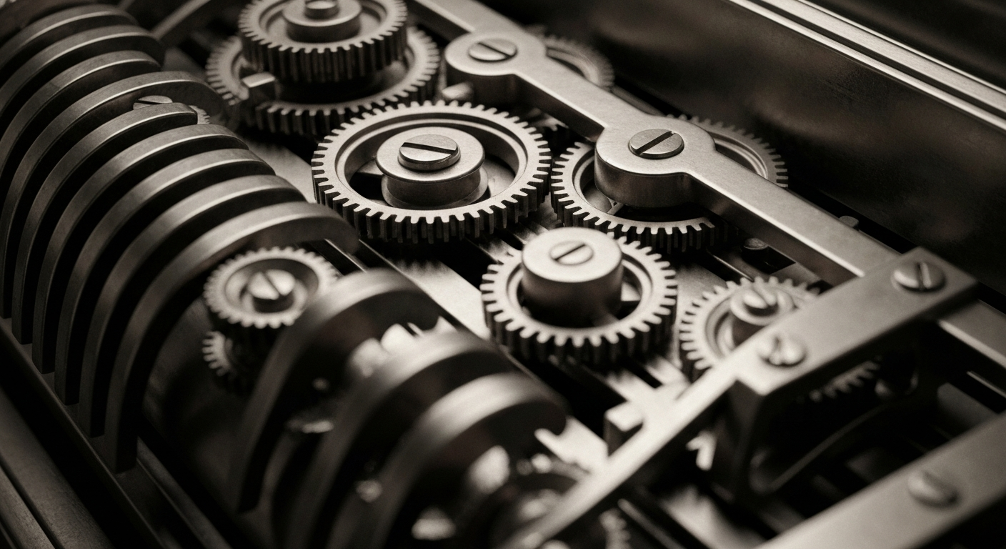 An extreme close-up of the inner workings of a vintage cash register, with its gears, levers, and mechanisms filling the frame and representing the institutional banking systems that underpin financial markets.