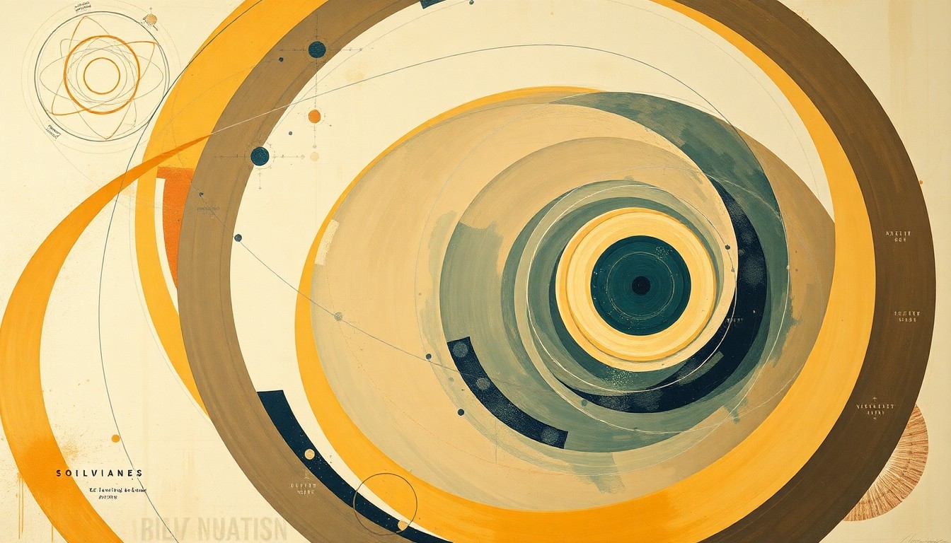 A highly structured abstract painting in earthy tones, featuring sweeping geometric arcs, concentric planetary circles, and precise botanical spirals, conceptually representing the complex forces and structures of the universe.