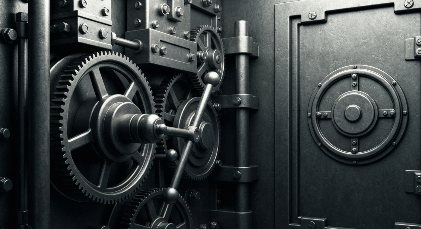 A highly detailed, cinematic close-up of the inner workings of a bank vault, including gears, levers, and a heavy metal door, representing the industrial power and security of the financial sector.