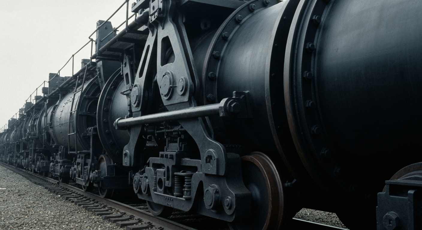 An extreme close-up of the intricate gears, levers, and metal components that make up the heavy machinery and equipment used in Union Pacific's rail operations, conveying a sense of the scale and complexity of the company's physical infrastructure.
