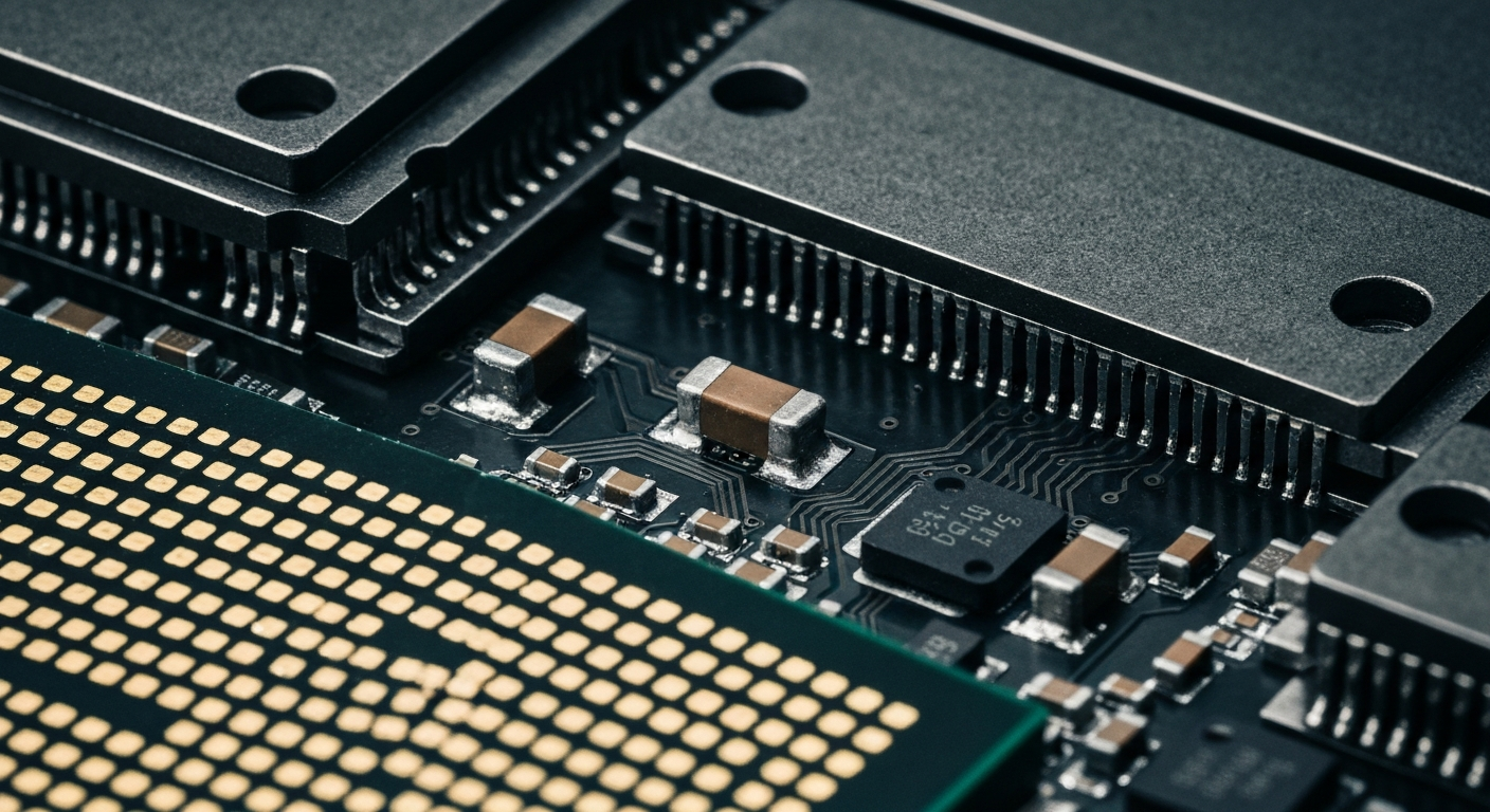 A cinematic close-up photograph of the intricate mechanical parts and circuitry inside a powerful computer processor, rendered in a gritty, industrial style to convey the complex engineering behind modern semiconductor design.